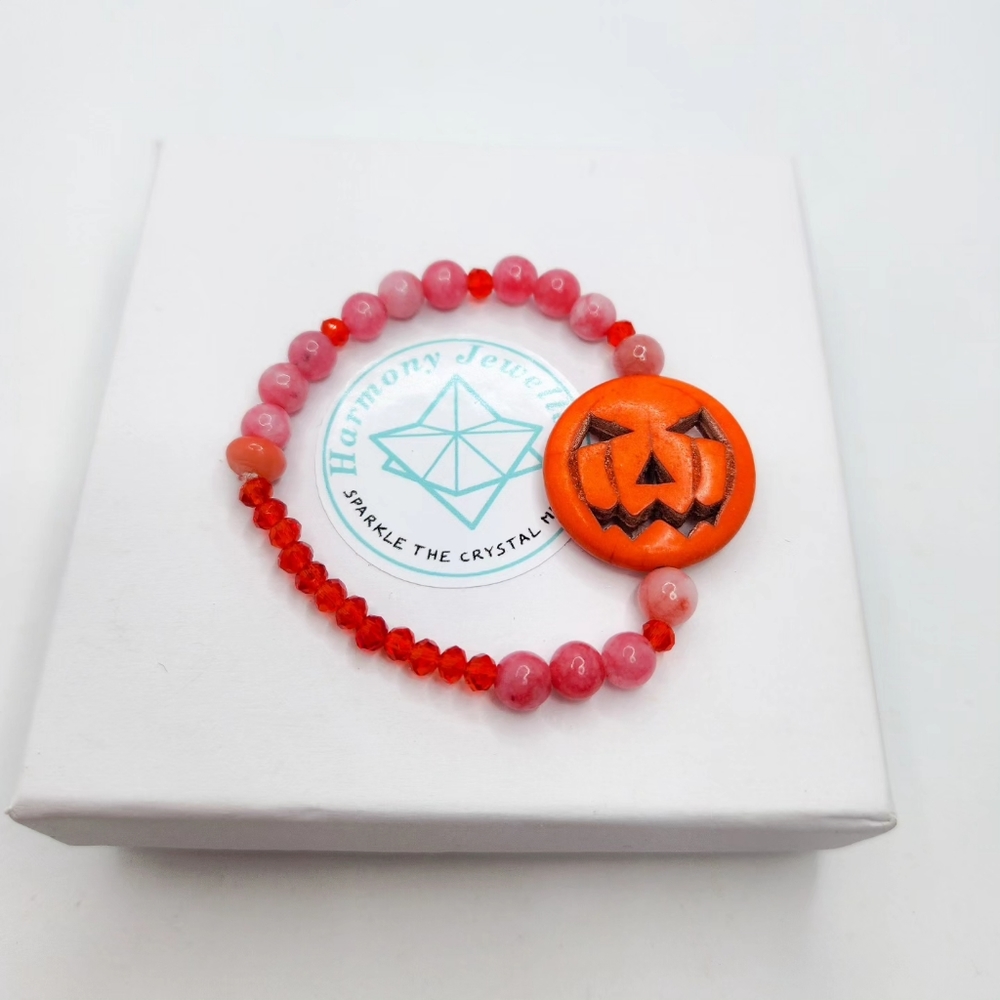 Strawberry Quartz, Czech glass, Pumpkin Halloween bracelet 6 mm